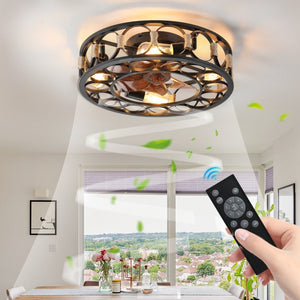English Elm Caged Flush Mount Ceiling Fan with LED Lighting Remote Six Speed Reversible Motor W2312141753