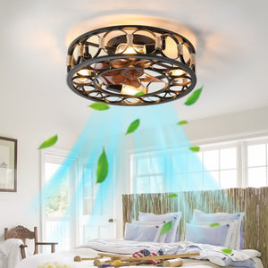 English Elm Caged Flush Mount Ceiling Fan with LED Lighting Remote Six Speed Reversible Motor W2312141753