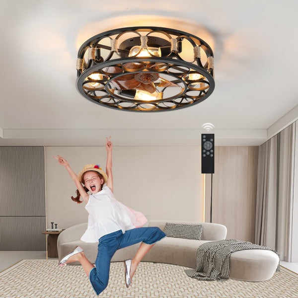 English Elm Caged Flush Mount Ceiling Fan with LED Lighting Remote Six Speed Reversible Motor W2312141753