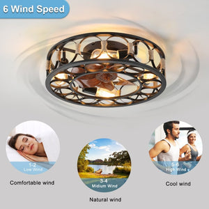 English Elm Caged Flush Mount Ceiling Fan with LED Lighting Remote Six Speed Reversible Motor W2312141753