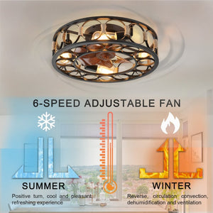English Elm Caged Flush Mount Ceiling Fan with LED Lighting Remote Six Speed Reversible Motor W2312141753