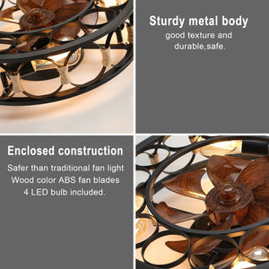 English Elm Caged Flush Mount Ceiling Fan with LED Lighting Remote Six Speed Reversible Motor W2312141753