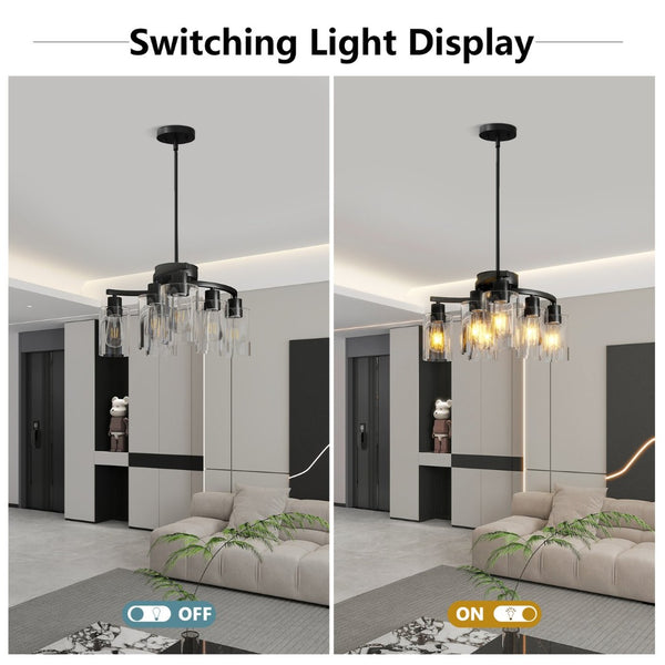 English Elm 6-Light Matte Black Iron Chandelier with Clear Glass Shades for Dining and Kitchen Spaces W2312P374984