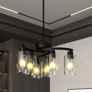 English Elm 6-Light Matte Black Iron Chandelier with Clear Glass Shades for Dining and Kitchen Spaces W2312P374984