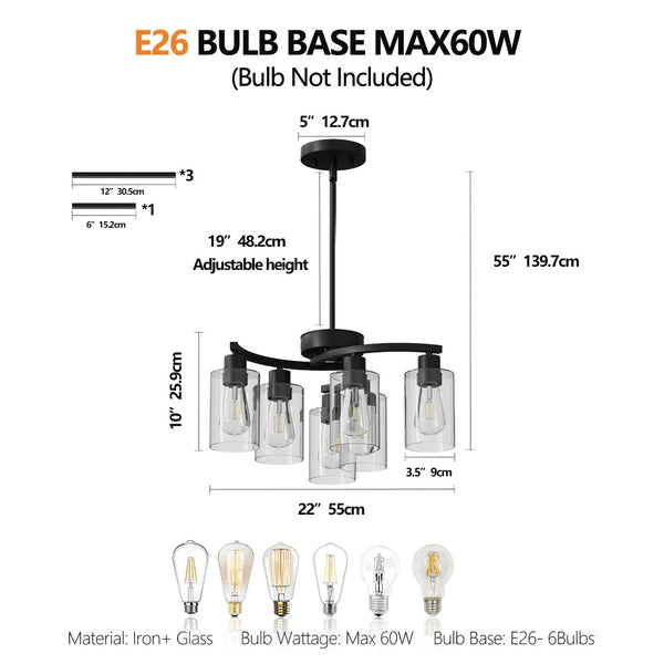 English Elm 6-Light Matte Black Iron Chandelier with Clear Glass Shades for Dining and Kitchen Spaces W2312P374984