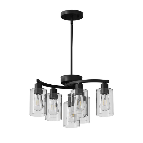 English Elm 6-Light Matte Black Iron Chandelier with Clear Glass Shades for Dining and Kitchen Spaces W2312P374984