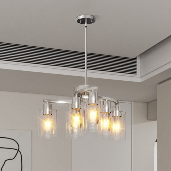 English Elm 6-Light Brushed Nickel Industrial Chandelier with Clear Glass Shades for Dining and Kitchen W2312P374985