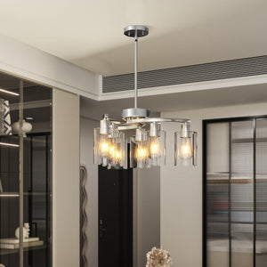 English Elm 6-Light Brushed Nickel Industrial Chandelier with Clear Glass Shades for Dining and Kitchen W2312P374985