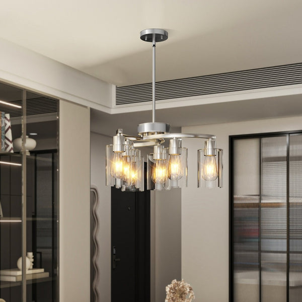 English Elm 6-Light Brushed Nickel Industrial Chandelier with Clear Glass Shades for Dining and Kitchen W2312P374985