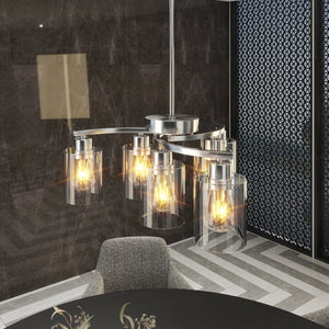 English Elm 6-Light Brushed Nickel Industrial Chandelier with Clear Glass Shades for Dining and Kitchen W2312P374985