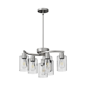 English Elm 6-Light Brushed Nickel Industrial Chandelier with Clear Glass Shades for Dining and Kitchen W2312P374985