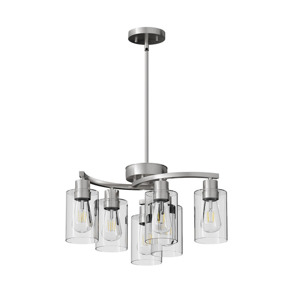 English Elm 6-Light Brushed Nickel Industrial Chandelier with Clear Glass Shades for Dining and Kitchen W2312P374985