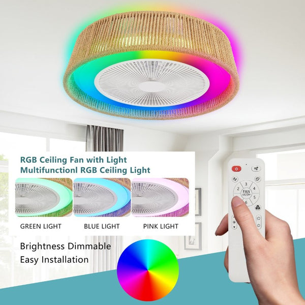English Elm 21 Inch Hemp Rope Woven Ceiling Fan with RGB LED Mood Light Semi Flush Mount Indoor W2312P389953