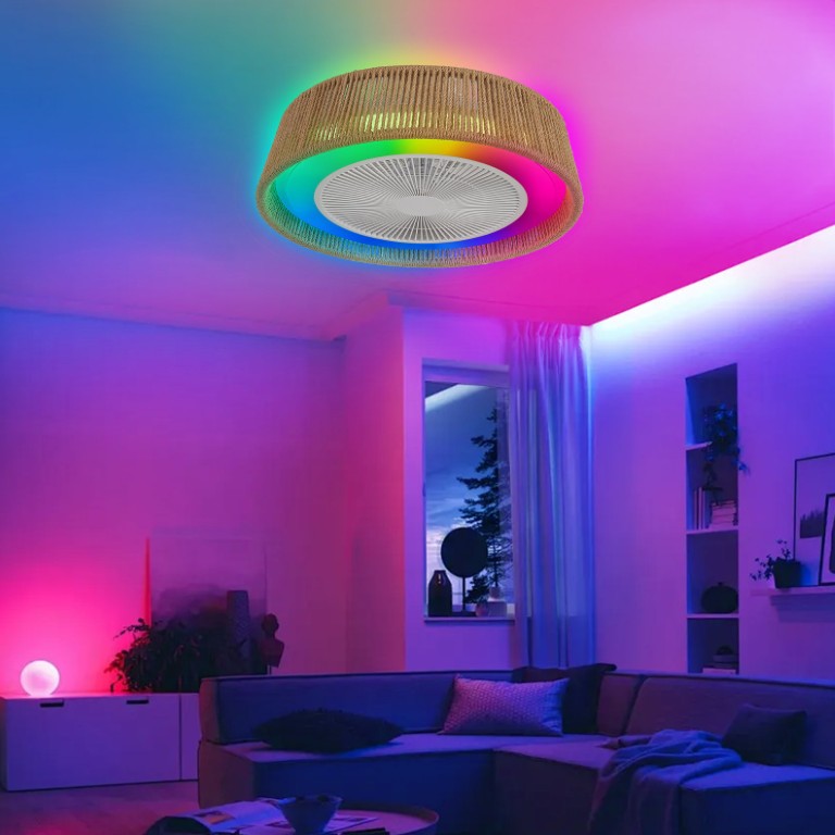 English Elm 21 Inch Hemp Rope Woven Ceiling Fan with RGB LED Mood Light Semi Flush Mount Indoor W2312P389953