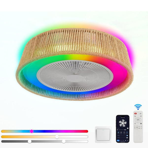 English Elm 21 Inch Hemp Rope Woven Ceiling Fan with RGB LED Mood Light Semi Flush Mount Indoor W2312P389953