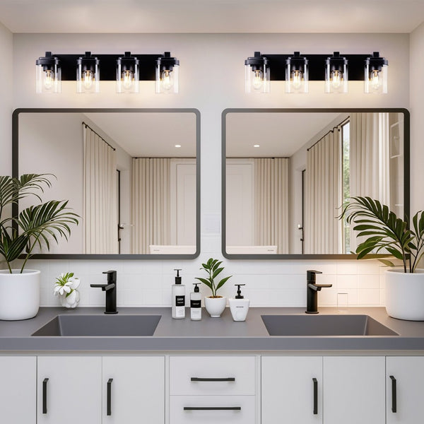 English Elm 4 Globe Vanity Light Bar Matte Black Metal Frame with Clear Glass Shades Indoor Wall W2312P415990