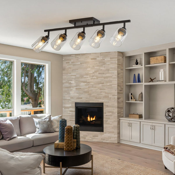 English Elm 5-light Matte Black Track Fixture Rotatable Glass Shades Industrial Ceiling or Wall Mount W2312P415995