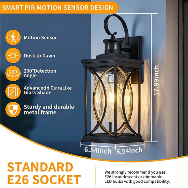 English Elm Motion Sensor Outdoor Wall Sconce Matte Black Carriage Lantern with Glass Panels W2312P454688