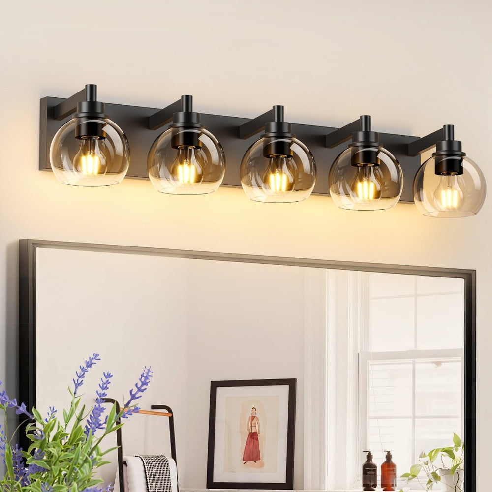 English Elm Bathroom 5 Globe Vanity Light Matte Black Metal Frame Mid Century Modern Wall Sconce W2312P503059