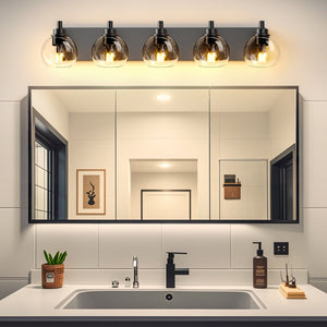 English Elm Bathroom 5 Globe Vanity Light Matte Black Metal Frame Mid Century Modern Wall Sconce W2312P503059