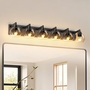 English Elm Farmhouse 6 Globe Vanity Light Matte Black Bar Fixture for Bathroom or Bedroom W2312P503060