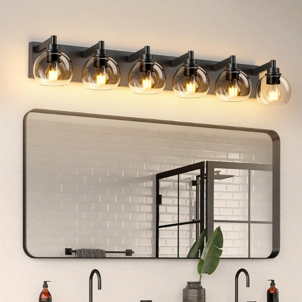 English Elm Farmhouse 6 Globe Vanity Light Matte Black Bar Fixture for Bathroom or Bedroom W2312P503060