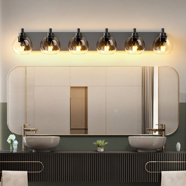 English Elm Farmhouse 6 Globe Vanity Light Matte Black Bar Fixture for Bathroom or Bedroom W2312P503060