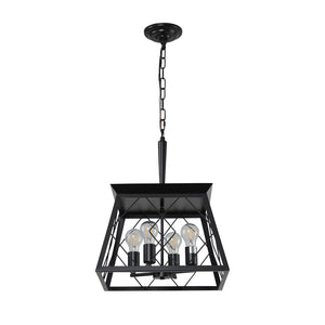 English Elm 16" Matte Black Wrought Iron 4-socket Cage Pendant Industrial Chandelier for Dining or Kitchen W2312P523156
