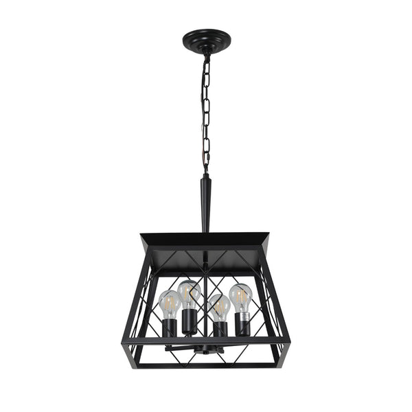 English Elm 16" Matte Black Wrought Iron 4-socket Cage Pendant Industrial Chandelier for Dining or Kitchen W2312P523156