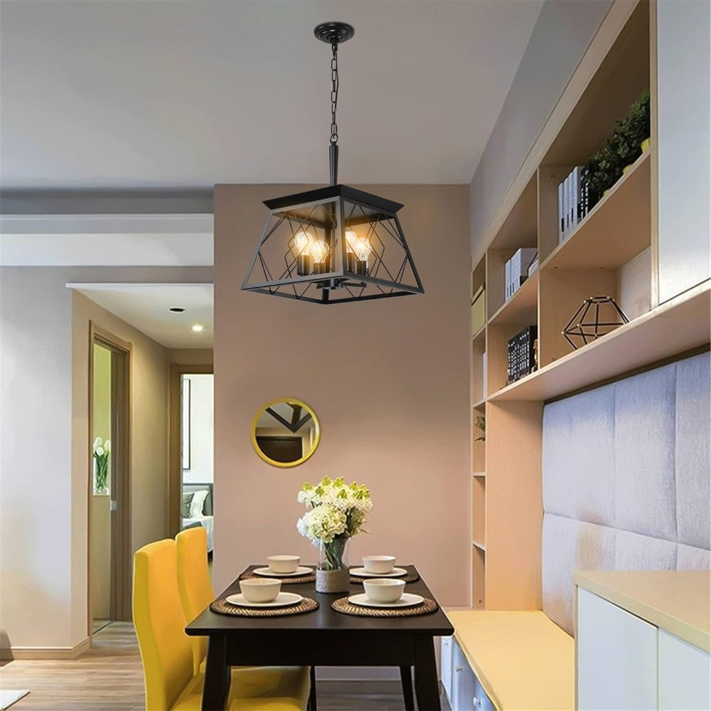 English Elm 16" Matte Black Wrought Iron 4-socket Cage Pendant Industrial Chandelier for Dining or Kitchen W2312P523156