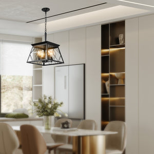 English Elm 16" Matte Black Wrought Iron 4-socket Cage Pendant Industrial Chandelier for Dining or Kitchen W2312P523156