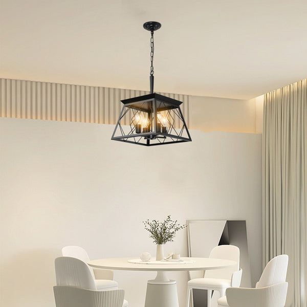 English Elm 16" Matte Black Wrought Iron 4-socket Cage Pendant Industrial Chandelier for Dining or Kitchen W2312P523156