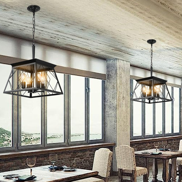 English Elm 16" Matte Black Wrought Iron 4-socket Cage Pendant Industrial Chandelier for Dining or Kitchen W2312P523156