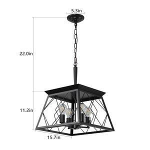 English Elm 16" Matte Black Wrought Iron 4-socket Cage Pendant Industrial Chandelier for Dining or Kitchen W2312P523156