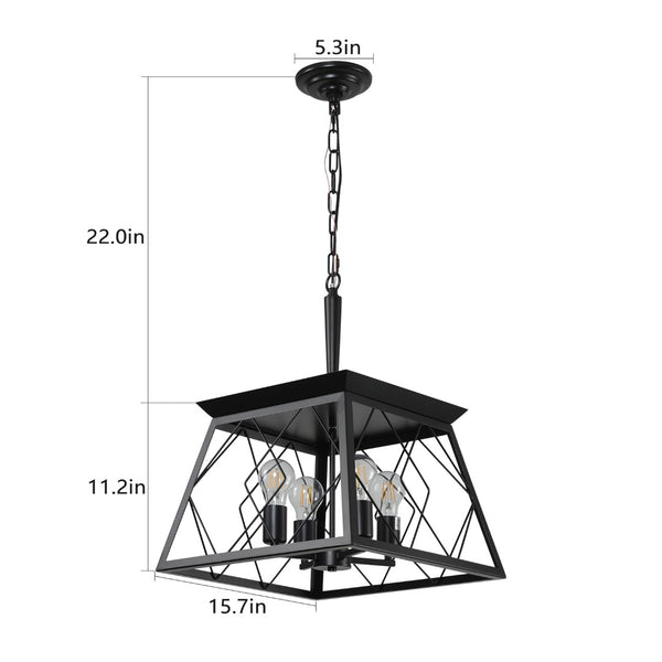 English Elm 16" Matte Black Wrought Iron 4-socket Cage Pendant Industrial Chandelier for Dining or Kitchen W2312P523156