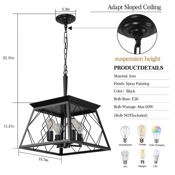 English Elm 16" Matte Black Wrought Iron 4-socket Cage Pendant Industrial Chandelier for Dining or Kitchen W2312P523156
