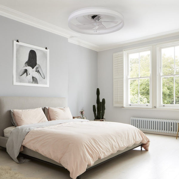 English Elm 20 Inch Flush Mount Fandelier Dimmable LED Caged Chandelier Fan for Bedroom Living Room White W2312P523421