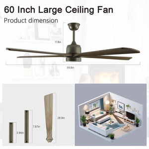 English Elm 60" Solid Wood Blade Ceiling Fan with Led Light Remote Dc Motor Open Living Spaces W2312P529770