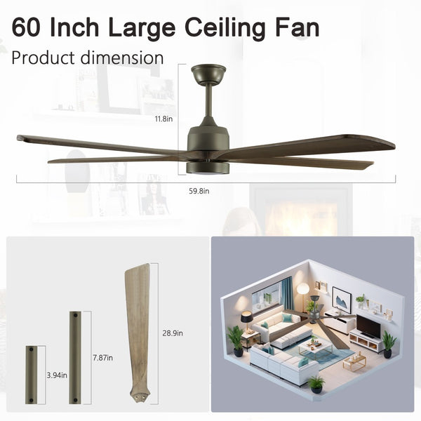 English Elm 60" Solid Wood Blade Ceiling Fan with Led Light Remote Dc Motor Open Living Spaces W2312P529770