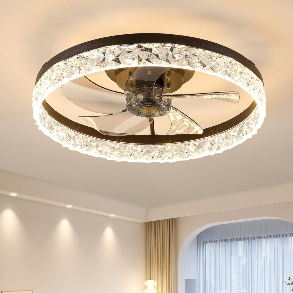 English Elm 20 Inch Flush Mount LED Ceiling Fan Matte Black Dimmable Remote for Low Ceilings W2312P529773