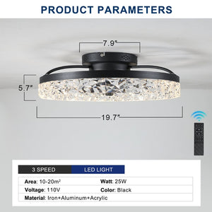 English Elm 20 Inch Flush Mount LED Ceiling Fan Matte Black Dimmable Remote for Low Ceilings W2312P529773