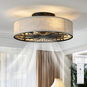 English Elm Caged Flush Mount Fandalier Farmhouse Fabric Shade Bladeless 6 Speed Remote Bedroom W2312P529775