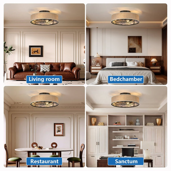 English Elm Caged Flush Mount Fandalier Farmhouse Fabric Shade Bladeless 6 Speed Remote Bedroom W2312P529775