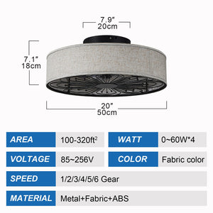 English Elm Caged Flush Mount Fandalier Farmhouse Fabric Shade Bladeless 6 Speed Remote Bedroom W2312P529775