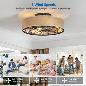 English Elm 20 Inch Linen Fabric Flush Mount Fandalier with Remote Six Speed Reversible DC Motor W2312P529776
