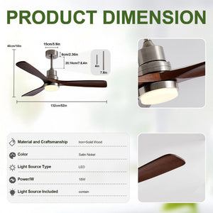 English Elm 52 Inch Walnut Blade Brushed Nickel Ceiling Fan with Remote and Dimmable Light W2312P537515