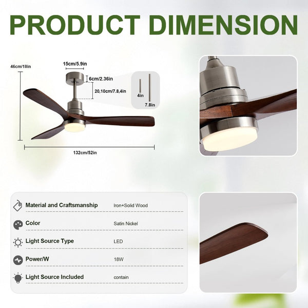English Elm 52 Inch Walnut Blade Brushed Nickel Ceiling Fan with Remote and Dimmable Light W2312P537515