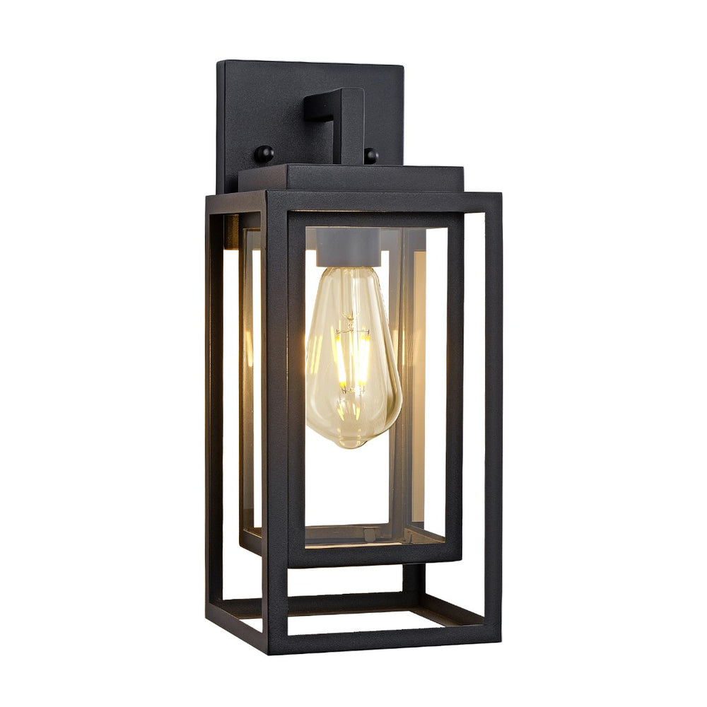 English Elm 14 Inch Outdoor Satin Black Rectangular Cage Wall Sconces Tempered Glass Porch Set of Two W2312P537614