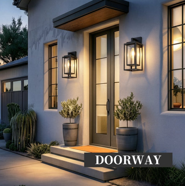 English Elm 14 Inch Outdoor Satin Black Rectangular Cage Wall Sconces Tempered Glass Porch Set of Two W2312P537614