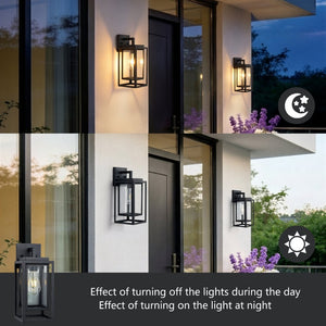 English Elm 14 Inch Outdoor Satin Black Rectangular Cage Wall Sconces Tempered Glass Porch Set of Two W2312P537614